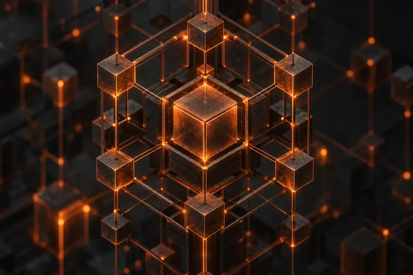 Abstract dark illustration of glowing interconnected nodes and pathways