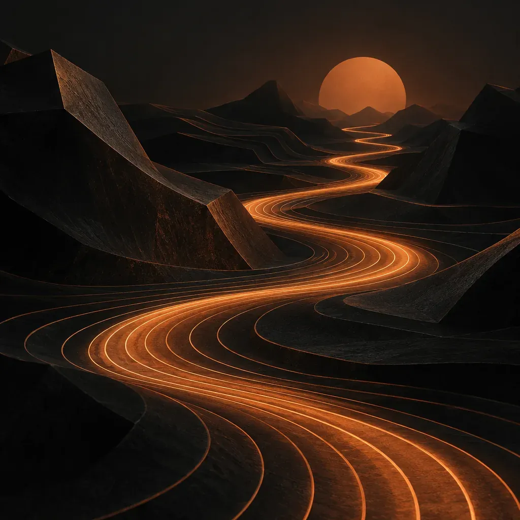 Abstract illustration of a winding illuminated path through geometric terrain