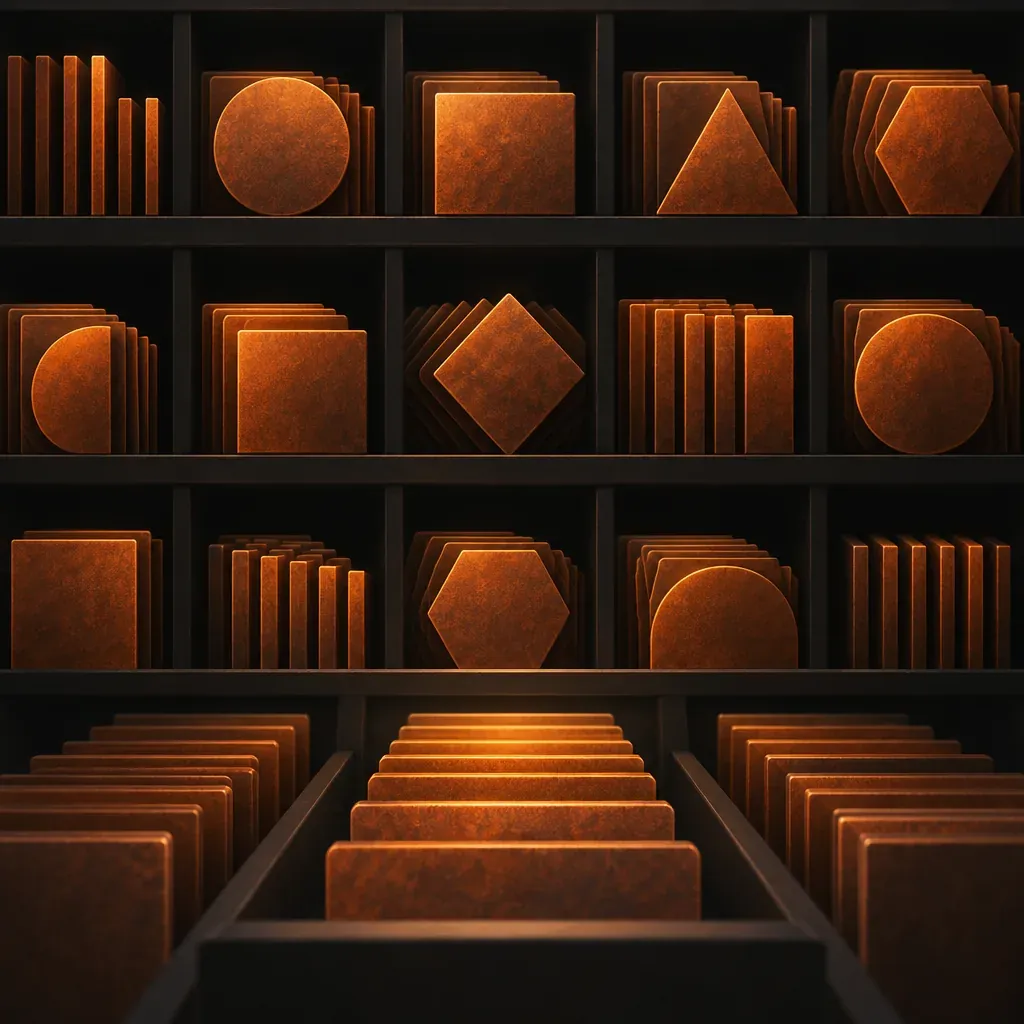 Abstract illustration of layered geometric panels in dark charcoal and rust orange